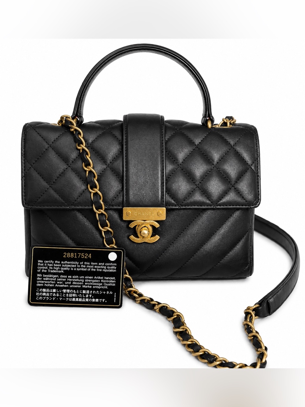 CHANEL Coco Handle Medium – Black Lambskin Chevron & Diamond Quilted | Antique G